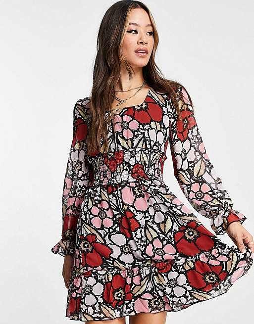 Dresses Only long sleeve mini dress with shirred waist in colourful floral 