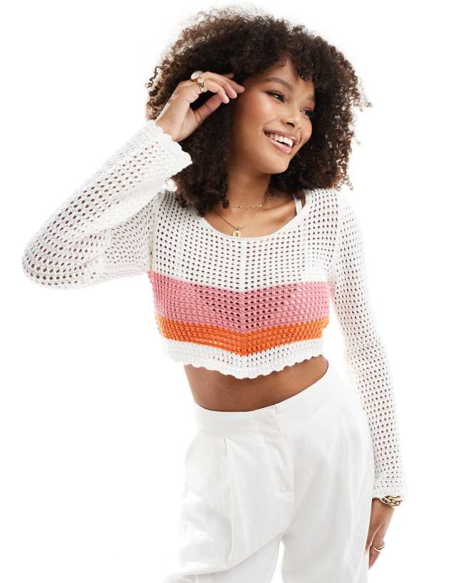 ONLY - long sleeve open knit crop top in white with stripe