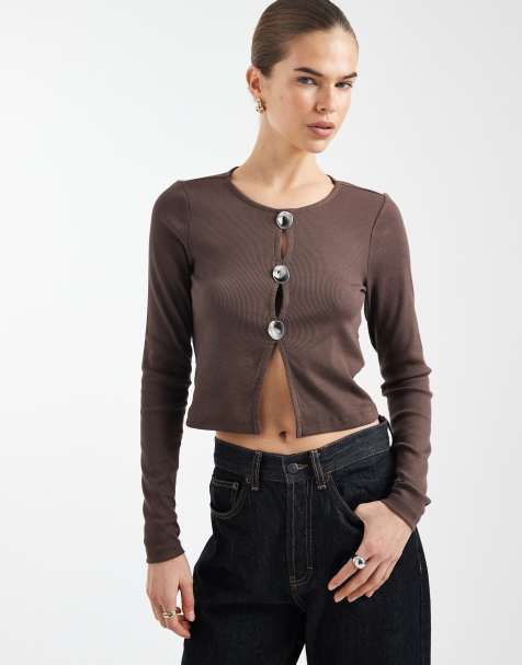 ONLY long sleeve rib top with silver button detail in chocolate - view 1