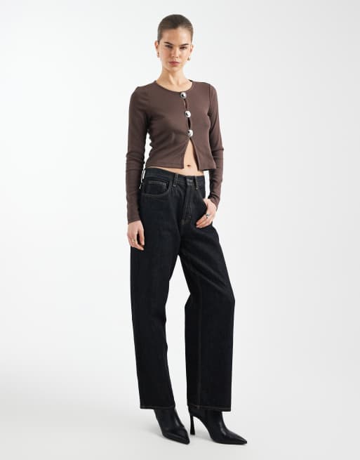 ONLY long sleeve rib top with silver button detail in chocolate, 2 of 4