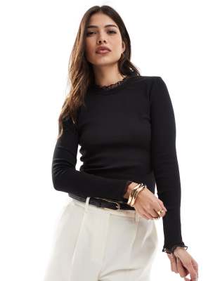ONLY long sleeve ribbed lace trim top in black - view 1