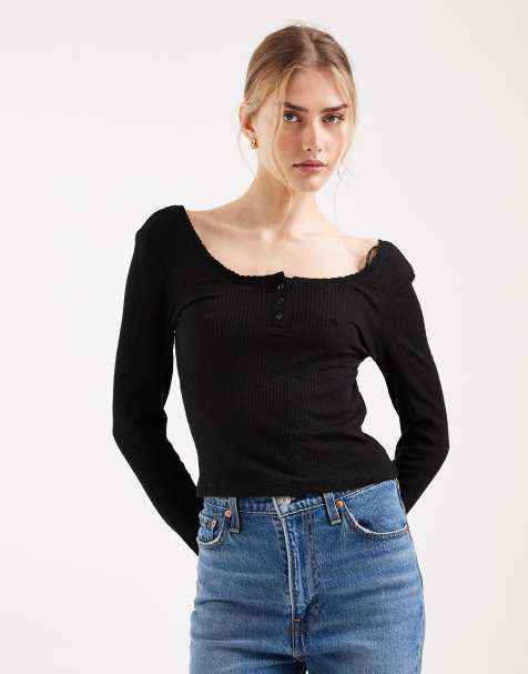 ONLY long sleeve ribbed scoop neck top in black