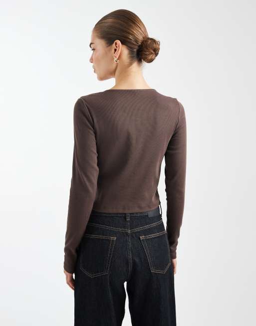 ONLY long sleeve ribbed top with silver button detail in chocolate, 3 of 4