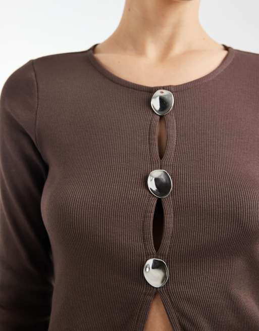 ONLY long sleeve ribbed top with silver button detail in chocolate, 4 of 4