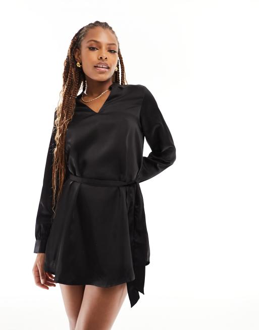 Only long sleeve satin wrap mini dress in black ASOS