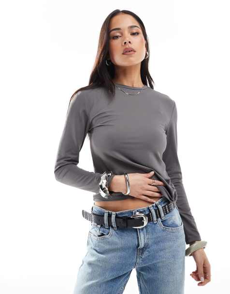 ONLY long sleeve seamless top in dark gray - view 1
