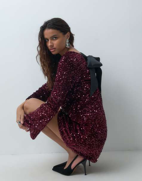 ONLY long sleeve sequin mini dress with back bow in burgundy - view 1