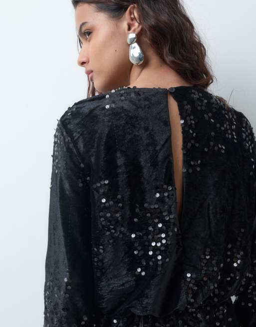 ONLY long sleeve sequin playsuit in black, 2 of 4