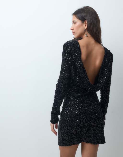 ONLY long sleeve waterfall open back sequin mini dress in black, 2 of 4
