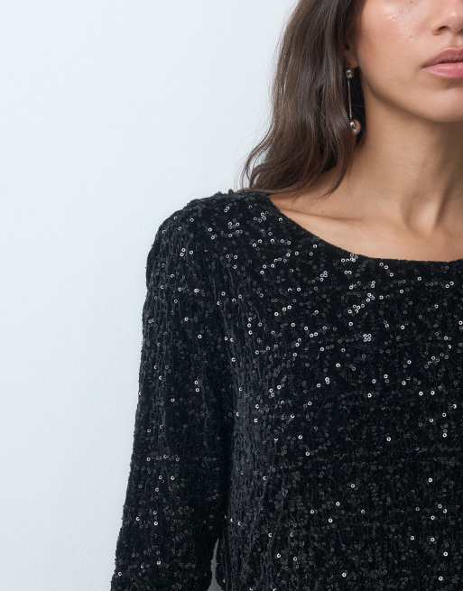 ONLY long sleeve waterfall open back sequin mini dress in black, 4 of 4