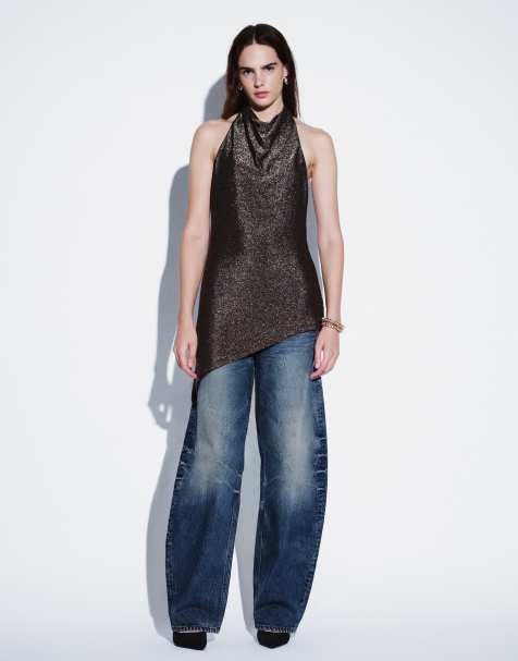  ONLY longline asymmetric halterneck top in copper glitter