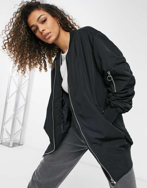 Only longline bomber jacket with ruched sleeves in black