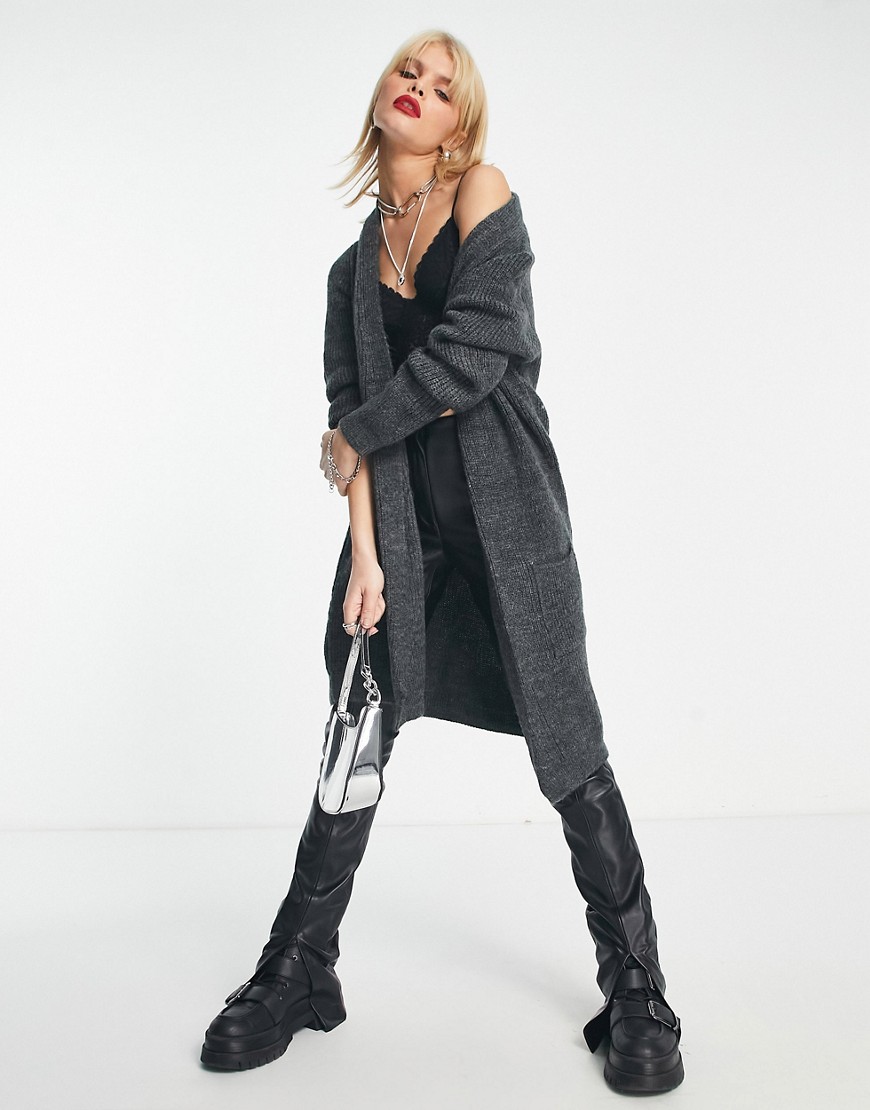 Only Longline Cardigan In Charcoal Gray