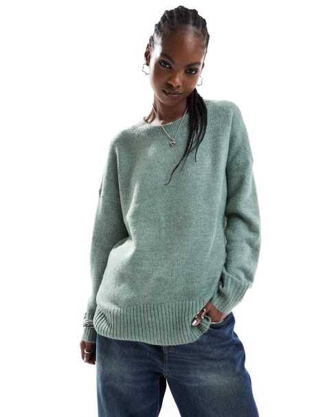 ONLY longline deep cuff jumper in green - view 1