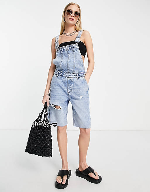 Only longline denim dungarees in light wash