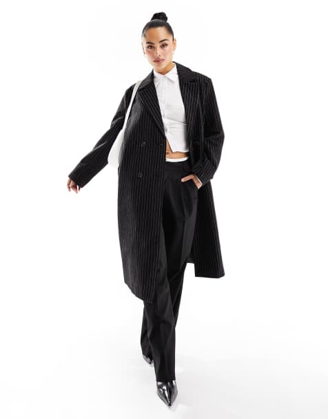 Only longline double breasted wool blend coat in black pinstripe - view 1