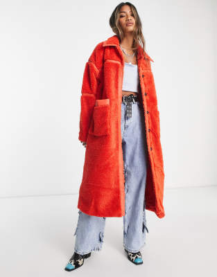 Only longline faux shearling coat in burnt orange