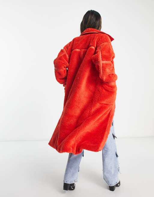 Only longline faux shearling coat in burnt orange, 2 of 4