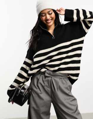 ONLY ONLY longline high neck jumper in black and cream stripe