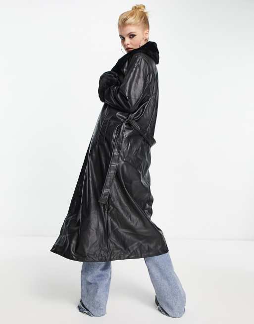 Only – Longline-Mantel in Schwarz aus Kunstleder mit Kunstpelz