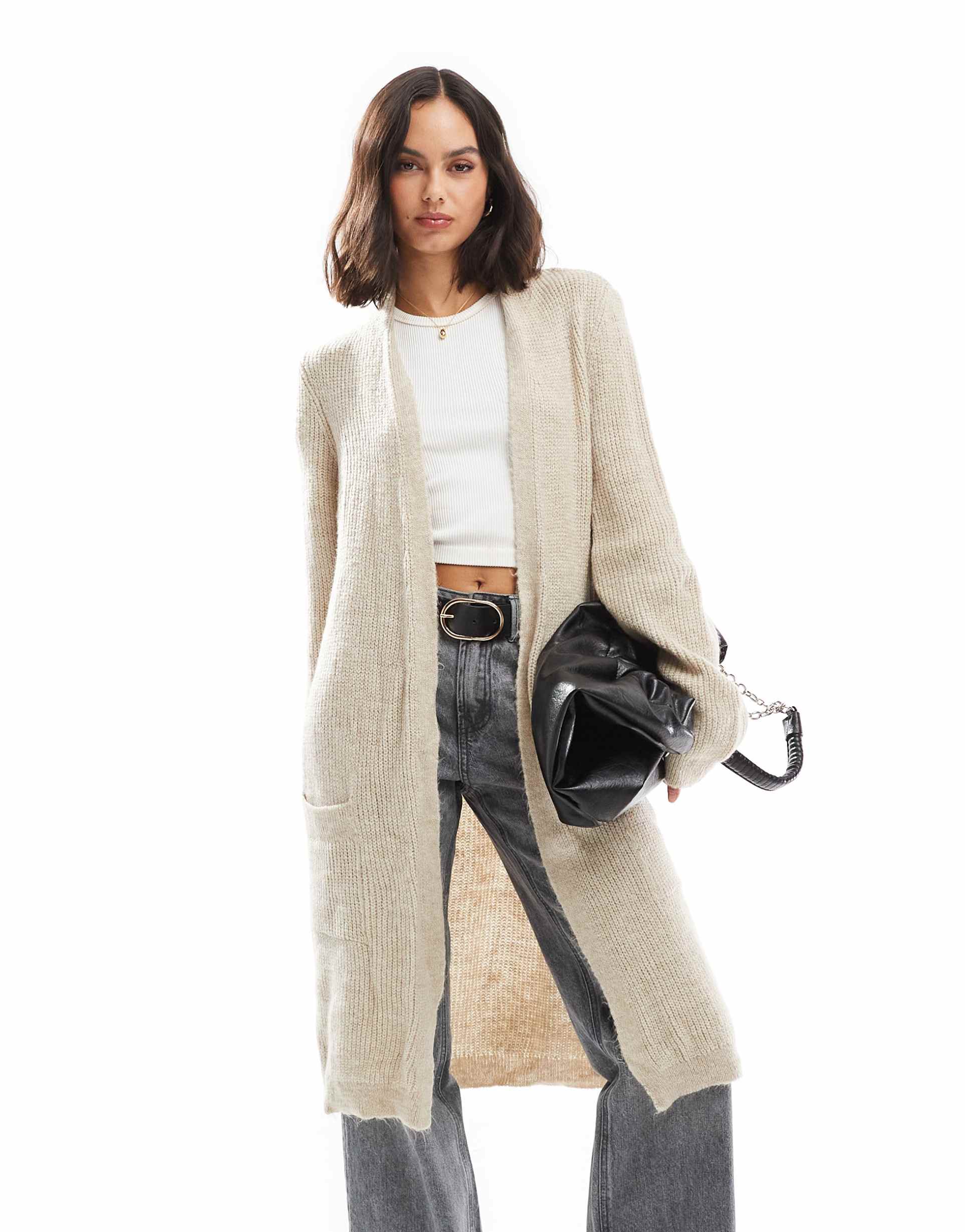 only longline open cardigan in light beige