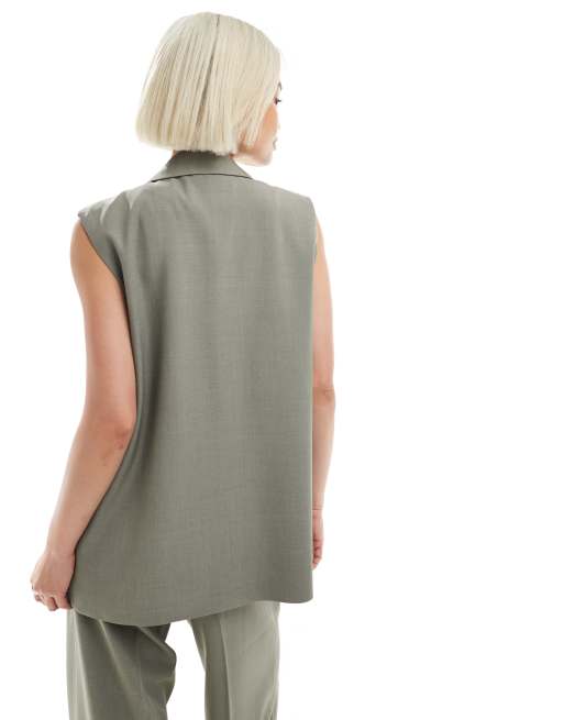 ONLY longline open waistcoat co-ord in sage grey, 2 of 4