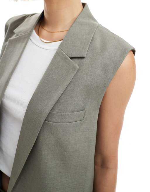 ONLY longline open waistcoat co-ord in sage grey, 3 of 4
