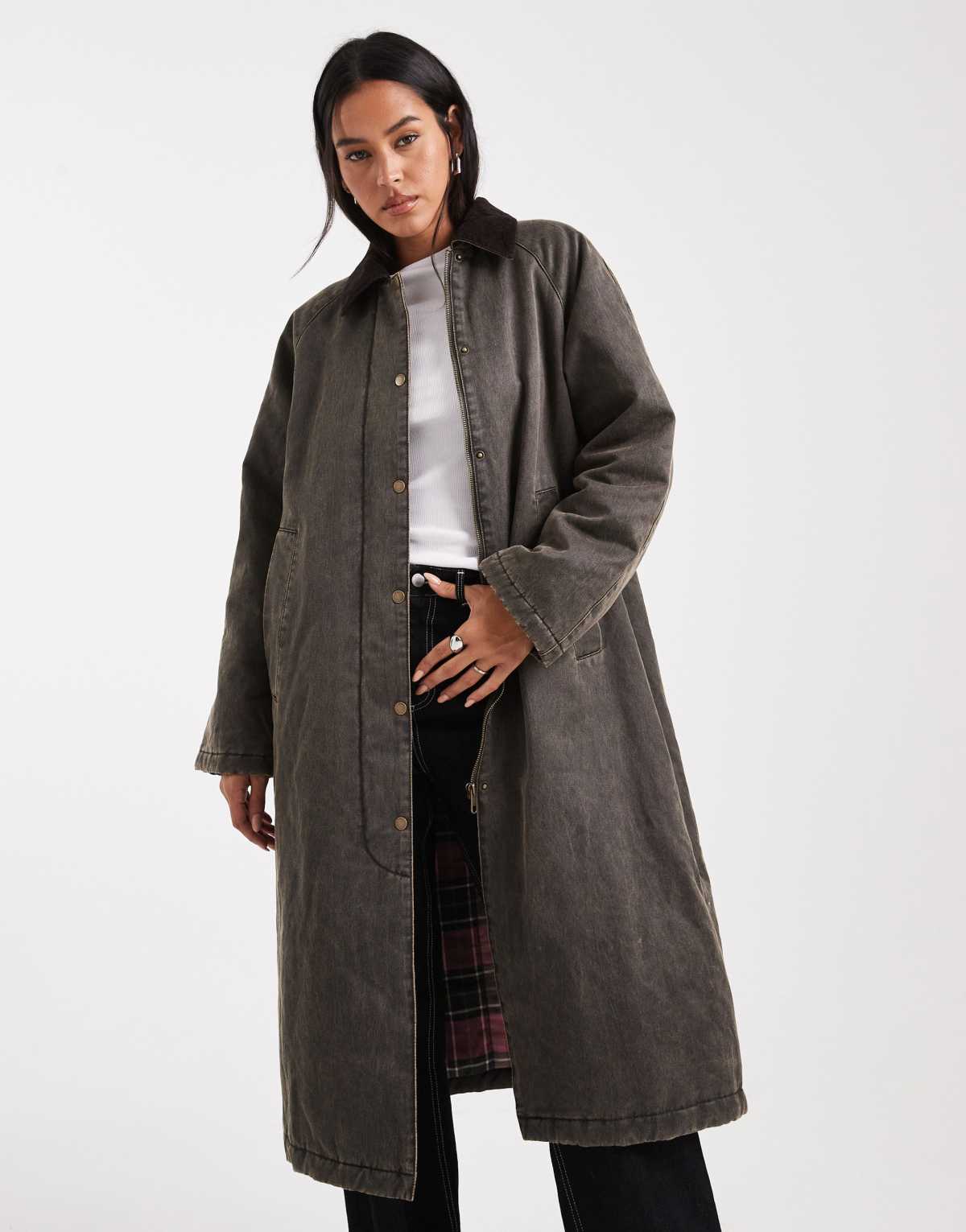ONLY longline padded barn jacket in washed chocolate