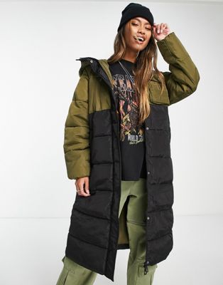Only longline padded colour block coat with hood in khaki and black