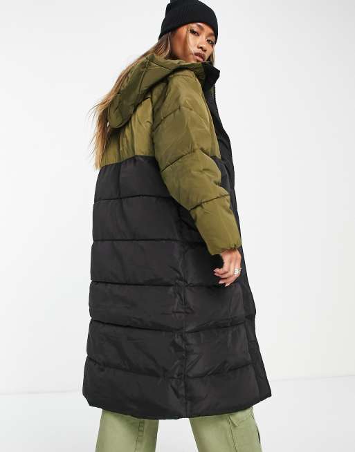 Only longline padded colour block coat with hood in khaki and black