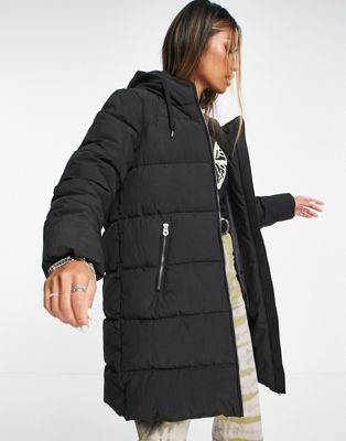 Only Longline Padded Hooded Coat In Black | ModeSens