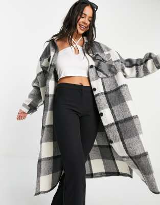 Only Longline Shacket In Gray Check-grey In Grey