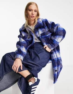 Only Longline Teddy Coat In Bright Blue Check