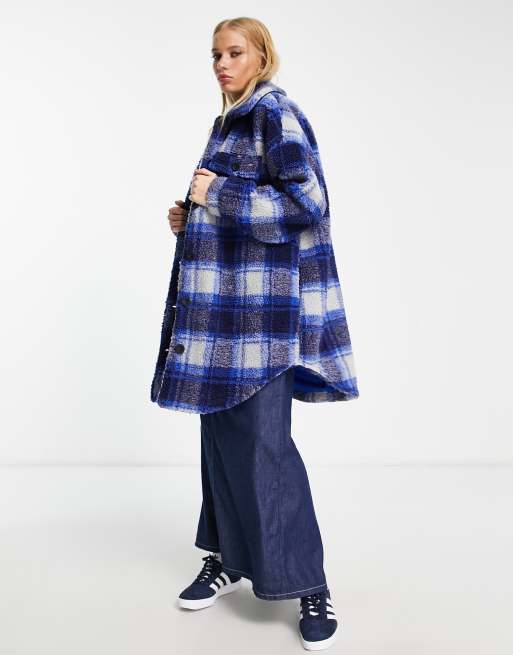 Bershka check teddy longline cheap coat