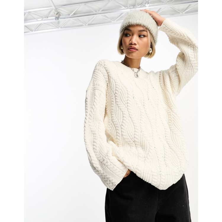 ONLY longline textured cable knit jumper in white | ASOS