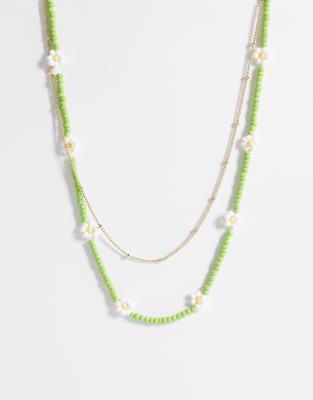 Only - Lot de 2 colliers à perles et marguerites - Vert-or