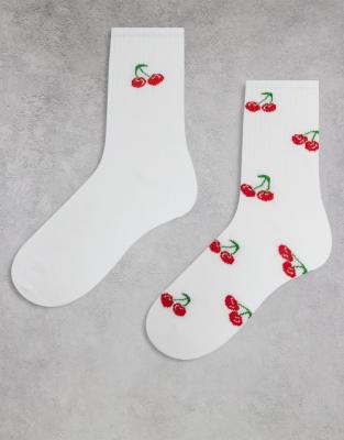 ONLY - Lot de 2 paires de chaussettes à broderies cerises - Blanc