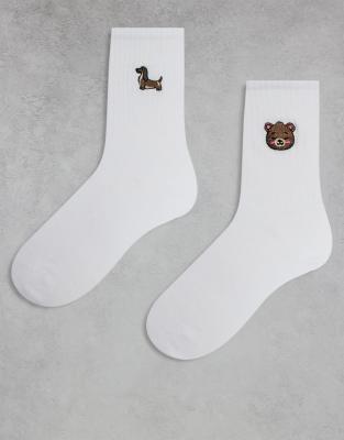 ONLY - Lot de 2 paires de chaussettes à broderies chien et ourson - Blanc