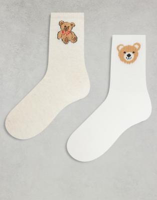 ONLY - Lot de 2 paires de chaussettes à motif ourson - Taupe et blanc