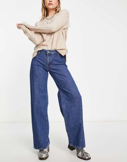 Wide leg clearance dark blue jeans