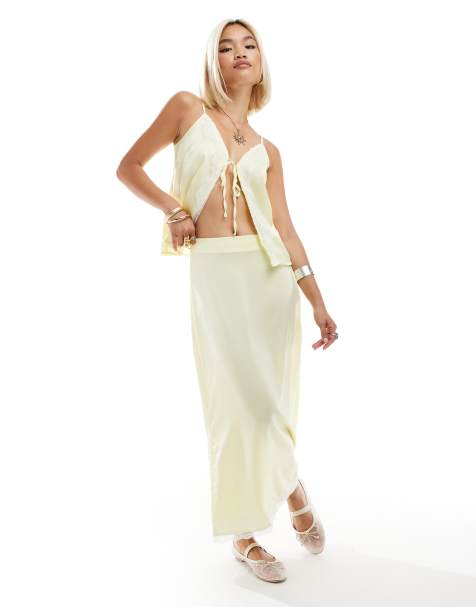 ONLY low waist contrast lace trim maxi skirt in lemon (part of a set) - view 1