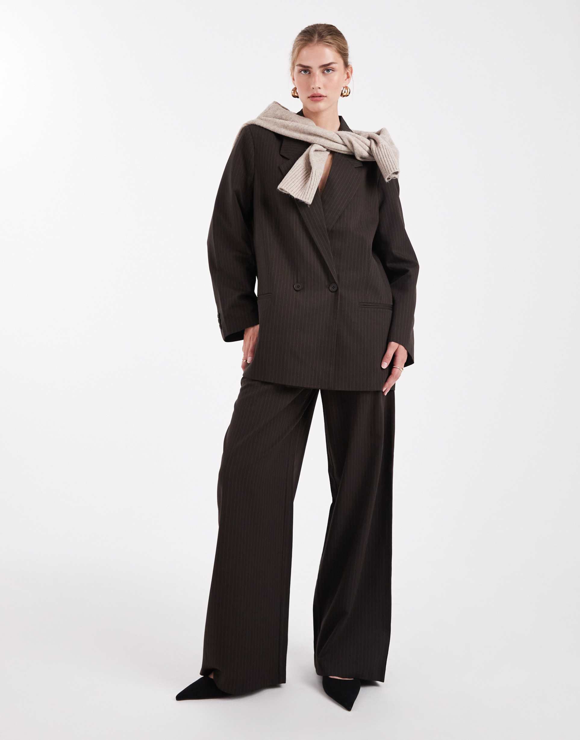only low waist wide leg tailored pants in brown pinstripe - part of a set