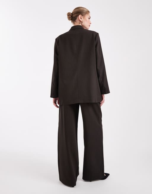 ONLY low waist wide leg tailored trousers co-ord in brown pinstripe, 2 of 5