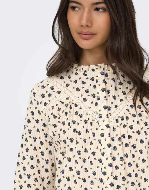 ONLY Lucinda lace china collar long sleeve shirt in grey, 5 of 7