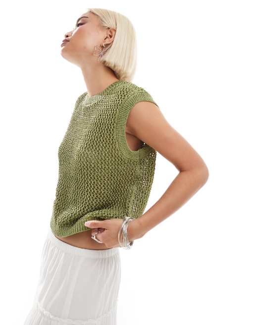  ONLY lurex open knit vest in green 