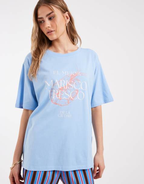 ONLY - Lyseblå oversized T-shirt med grafisk skaldyrsprint - view 1