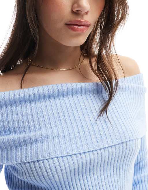 ONLY - Lyseblå striktrøje med offshoulder-snit, 3 af 4