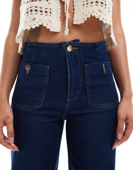 ONLY Madeline high waist wide leg jeans with pocket details in dark blue