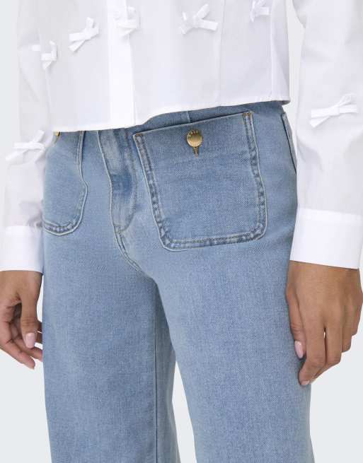 ONLY Madeline högmidjade jeans med vida ben och fickor i blå denim, 4 av 6