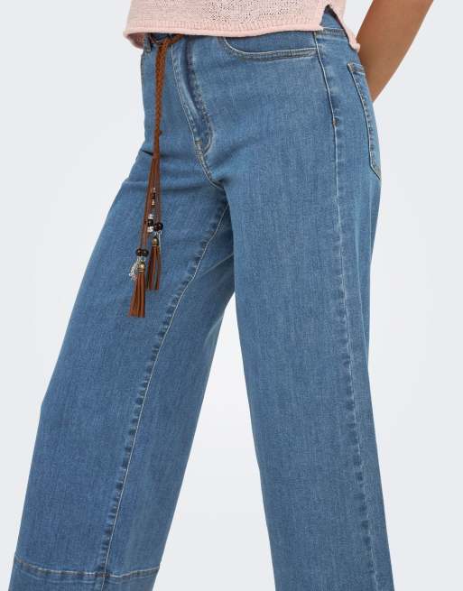 ONLY Madison højtaljede ankellange jeans med brede ben og bælte i blå denim, 4 af 7